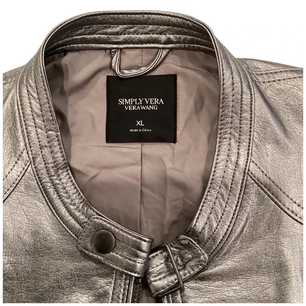 Vera Wang Faux Leather Bomber Moto Jacket -‎ Metallic Gray/Silver - Size XL